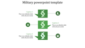 A military themed PPT featuring three sections with green icons, including a hand, boot, and equipment, with captions.