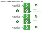 Five tiered design with green boxes and corresponding captions for military themed presentations.