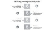 Gray military template with four zigzag panels and circular icons for captions areas placed in white background.