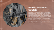 Military-themed template with a soldier aiming a rifle and a circular photo frame design on a brown background.