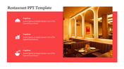 Restaurant PowerPoint template with an image of a dining area and icons representing food service categories.