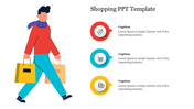 Shopping slide with a person carrying bags on the left and three circular icons with captions on the right.