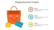Shopping PowerPoint slide featuring an orange shopping bag, credit card, and coins with icons for shopping related actions.