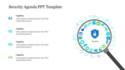 Security agenda slide with magnifying glass, highlighting icons related to security, including locks and social media logos.