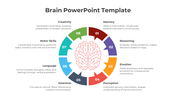 Brain diagram surrounded by eight numbered sections in different colors, each describing a specific function.