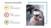 Vision, mission, and goals using colored icons, next to a modern visual of a hexagonal overlay with business related symbols.
