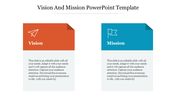 Vision and mission boxes side by side, with red and blue headers, featuring icons of a paper plane and flag.