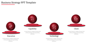 Business strategy design with glossy red spheres on platforms, featuring icons for gears, hand, network, and briefcase.