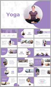 Slide deck in soft purple hues, featuring images of different yoga poses and descriptions about the benefits.