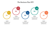 Horizontal timeline with five labeled sections, each featuring icons for various business concepts and captions areas.
