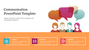 Communication-themed slide with a group of people and overlapping speech bubbles, featuring three icons and captions arteas.