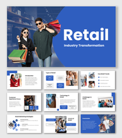 Retail PowerPoint Template with blue theme, shopping visuals, modern shapes and clean structured text layouts.