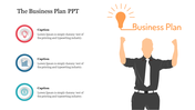 Business plan slide featuring an illustrated figure celebrating with raised arms and light bulb, with three captions.