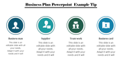 Four circular icons representing businessman, supplier, teamwork, and business card concepts with caption areas.