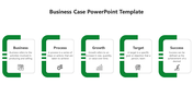 Business case template showing five green accented blocks in a row, each with a heading, icon, and editable content area.