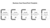 Horizontal diagram with five labeled blocks in gray, each representing a business concept with an icon and description.