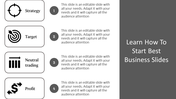 Business themed slide with four labeled icons and detailed descriptions aligned vertically, emphasizing structured goals.