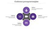 Conference slide with central video icon surrounded by four icons for presentation, group, meeting, and remote connection.