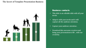 Four green gradient bars with numbered labels and silhouettes symbolizing business interaction and progress.
