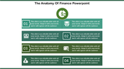 Finance themed PowerPoint slide with a central dollar icon and four rows highlighting financial concepts and steps.