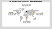 Global journey map template with icons and descriptions for four continents North America, Europe, Asia, and Africa.
