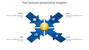 Business PowerPoint template featuring a yellow central trophy icon with blue arrows pointing to four sections with captions.