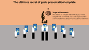 Goal achievement presentation template with a figure climbing towards a target and people holding phones.
