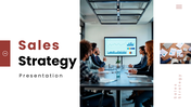 The Sales Strategy presentation slides with red theme, funnel diagram, charts, and business analysis layouts.