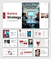The Sales Strategy presentation slides with red theme, funnel diagram, charts, and business analysis layouts.