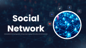 Social Network slides with dark blue theme, user icons, network visuals, charts, and clean structured text layouts.