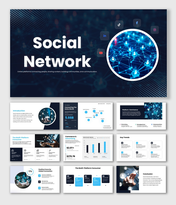 Social Network slides with dark blue theme, user icons, network visuals, charts, and clean structured text layouts.