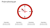 Red themed clock face with a figure inside, and four numbered project plans placed at the bottom.