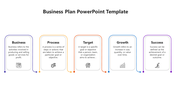 Business plan PowerPoint template highlighting key areas from business to success, with corresponding icons.