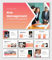 Risk Management In Project Management presentation with orange gradient, risk charts, icons, and process diagrams.