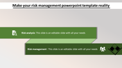 Two green text banners showcasing steps of risk analysis and management with icons and two caption areas.