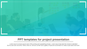 Blurred image of people in a meeting room with a presenter, overlaid with a blue green gradient and text at the bottom.