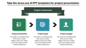 Project presentation slide showing three steps project involvement, project target, and project manager with icons.