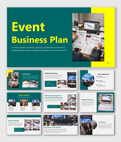 Event business plan presentation covering goals, audience, budgeting, marketing, logistics and revenue strategy insight.