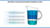Measuring cup infographic filled with blue liquid, marked with three levels, and corresponding text on the left.