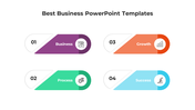 Business slide featuring four numbered sections in purple, green, orange, and blue, each with icons and descriptions.