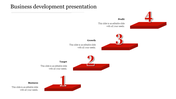 Business development infographic with four ascending red steps, each numbered and labeled with captions.