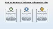 Slide layout featuring a clean design with three icons and description boxes for different online marketing methods.