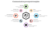 Communication PPT template with icons for WhatsApp, Phone, Mail, Conversation, and more, along with placeholder text.