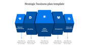 Strategic business plan slide with five connected blue hexagons labeled with business concepts and icons.