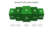 Strategic business infographic with five green 3D hexagonal blocks, each labeled with icons and captions.
