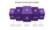 Purple themed slide featuring five 3D blocks, each with business related icons and text descriptions.