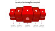 Strategic business infographic with five red 3D hexagonal blocks, each labeled with icons and captions.