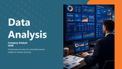 Data analysis presentation slides with dashboards, growth charts, business insights, forecasting, and comparison reports.