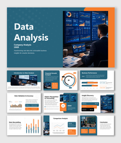 Data analysis presentation slides with dashboards, growth charts, business insights, forecasting, and comparison reports.