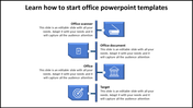 PowerPoint slide showcasing office scanner, document, office space, and target with placeholder sections and icons.